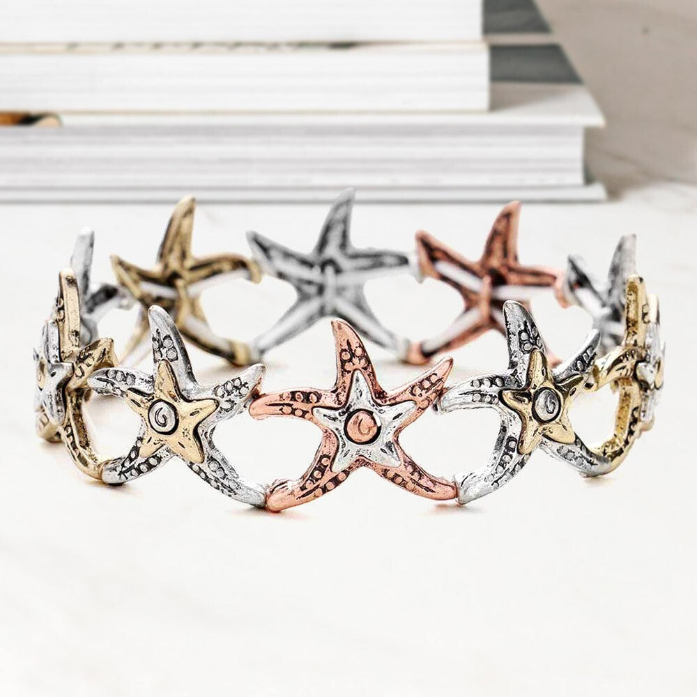 Hammered Metal Starfish Stretch Bracelet for Women Beach Coastal Jewelry