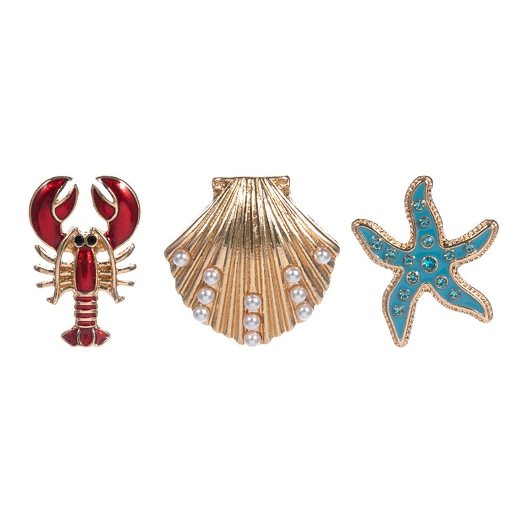 3pc Nautical Sea Life Brooch Set Red Lobster Gold Shell Blue Starfish Pins