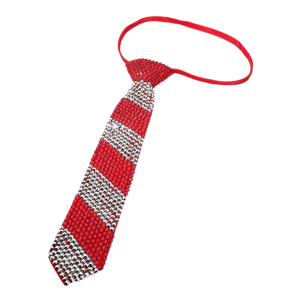 Red and Silver Rhinestone Striped Necktie Necklace Glam Party Statement Jewelry