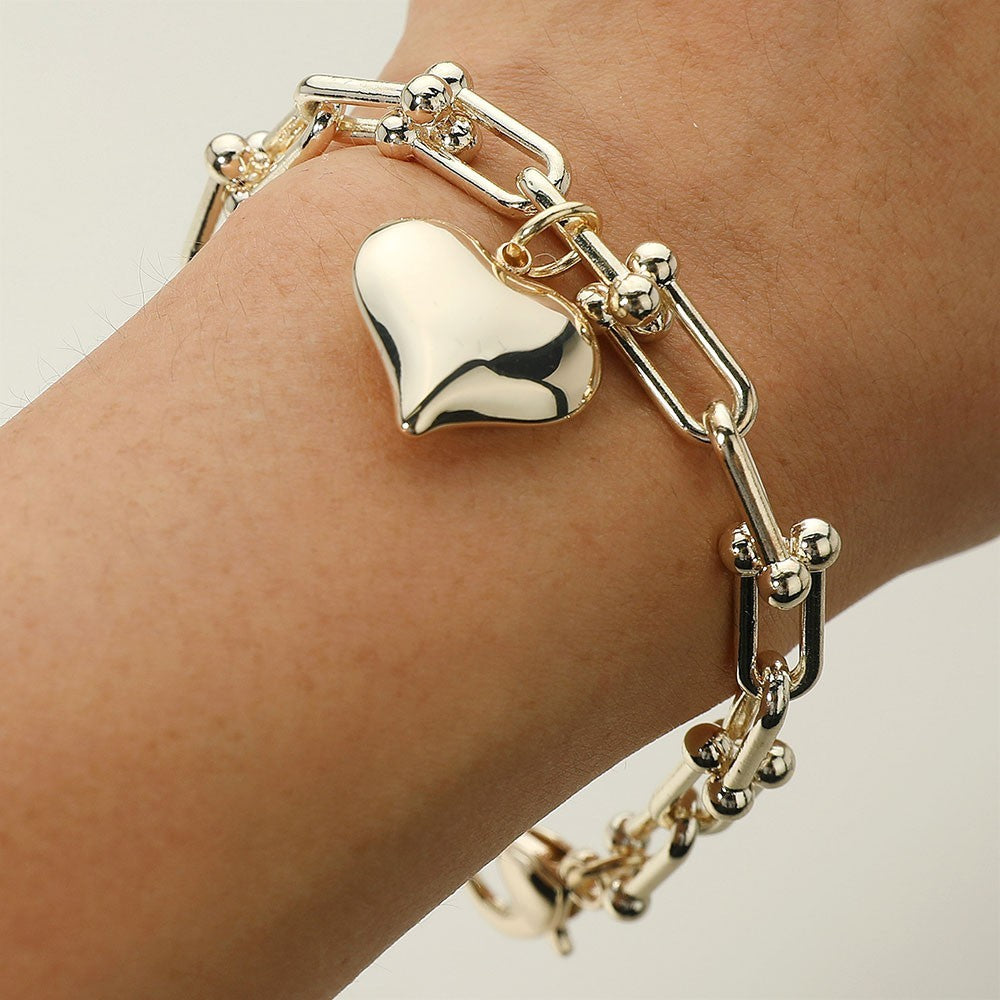 Chunky Gold Link Bracelet Puffy Heart Charm U-Chain Women's Gift Jewelry