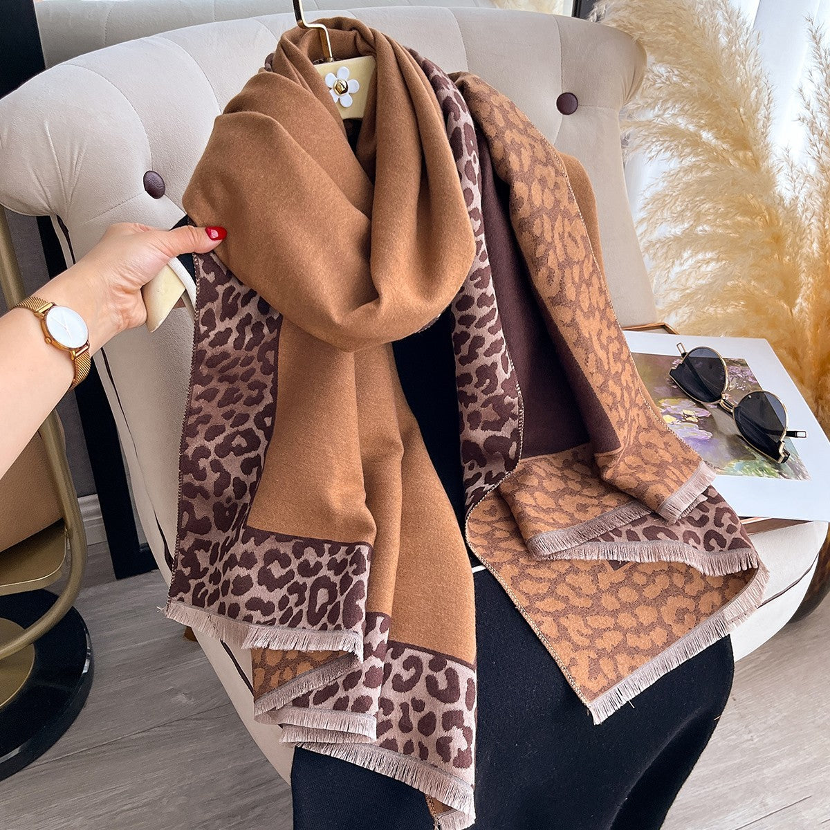 Camel Brown Leopard Print Winter Scarf Shawl Wrap Blanket Oversized Gift