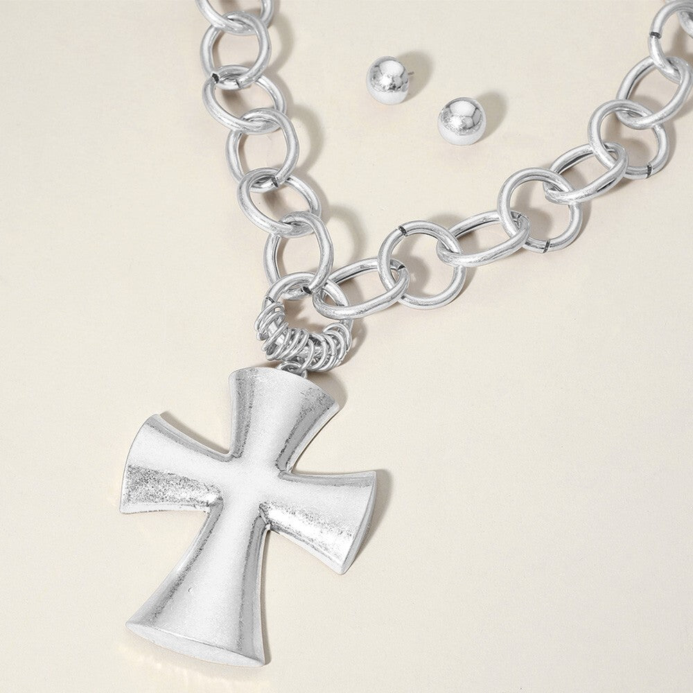 Chunky Cross Pendant Necklace Matte Metal Pointed Chain Statement Jewelry Silver