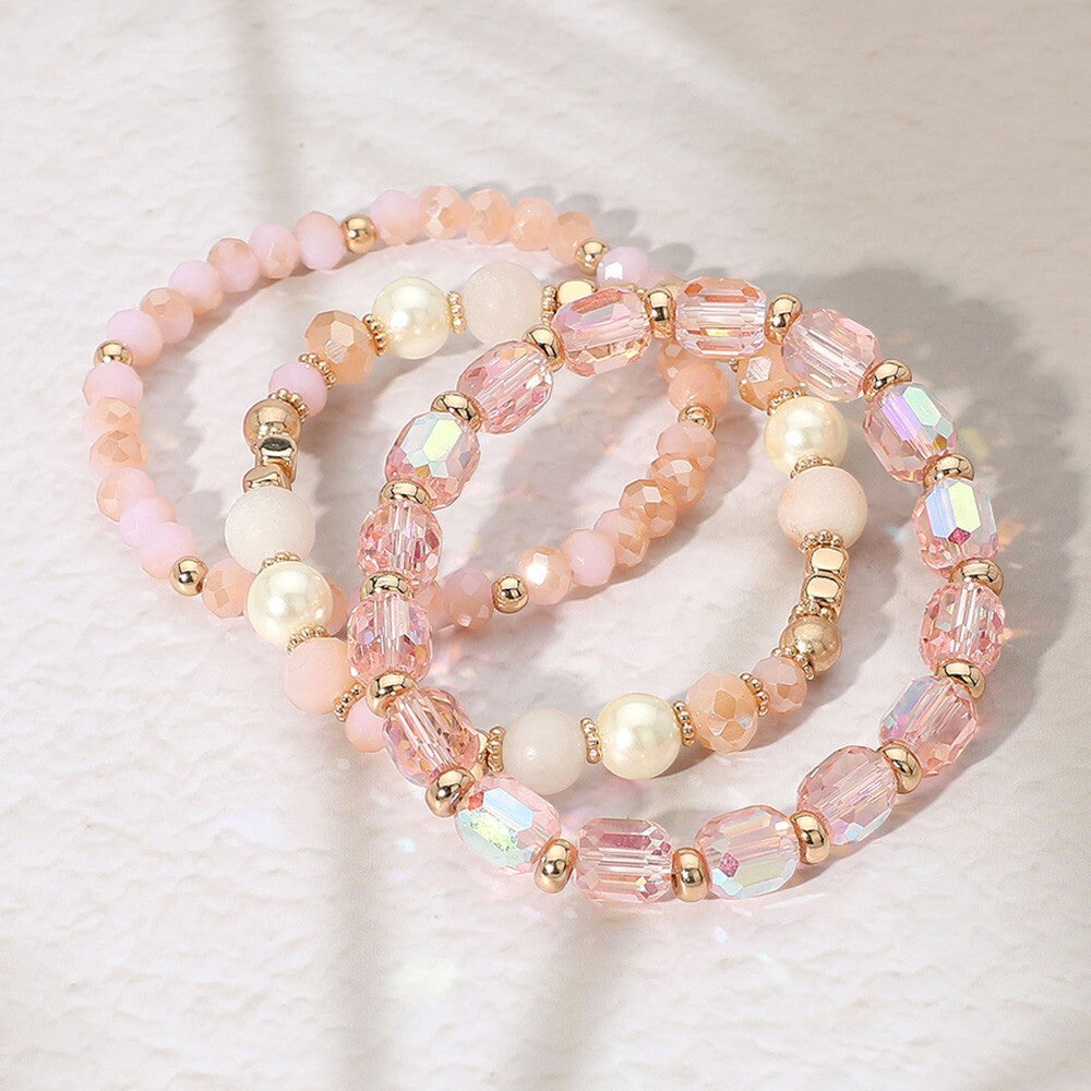 3PC Pearl Natural Stone Beaded Stretch Bracelets Set Multi Layer Stack Women