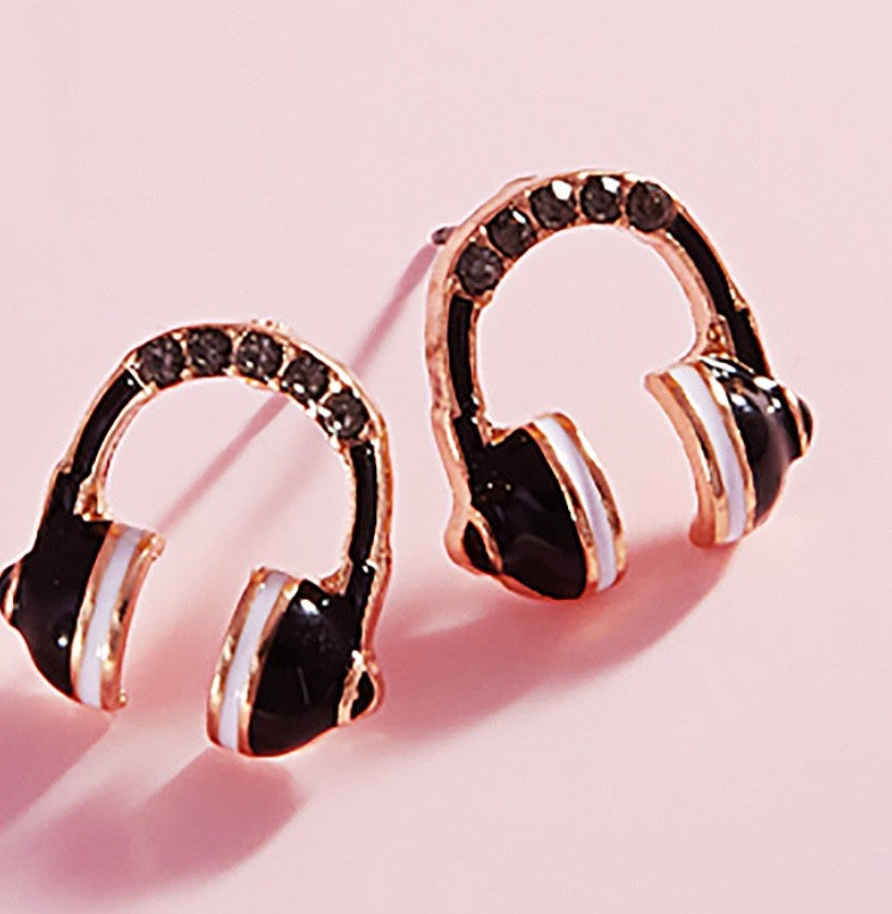 Crystal Headphone Stud Earrings - Gold Tone Music Lover Jewelry for Daily Wear