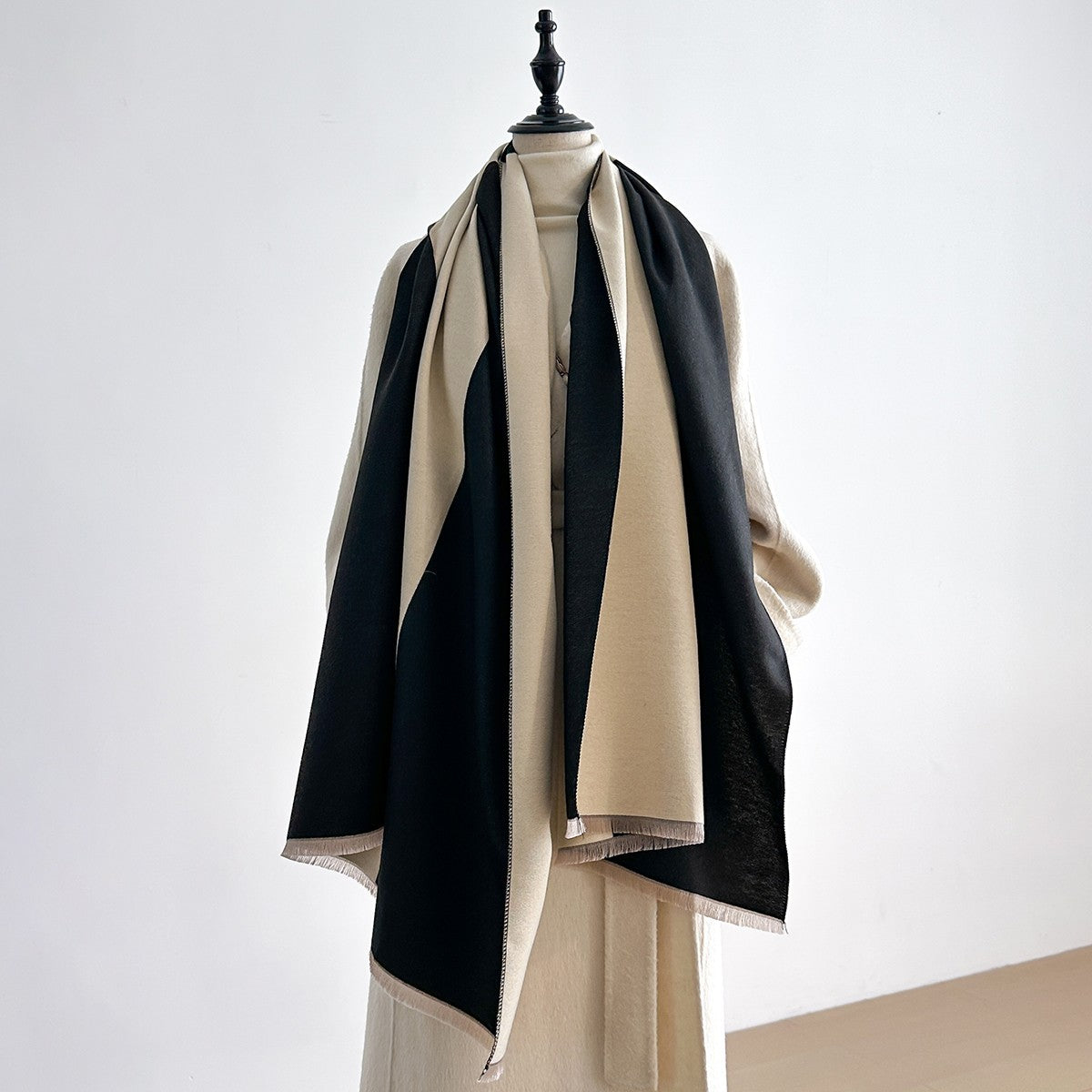 Reversible Cashmere Feel Shawl Wrap Scarf Beige Black Oversized Blanket 72.8in