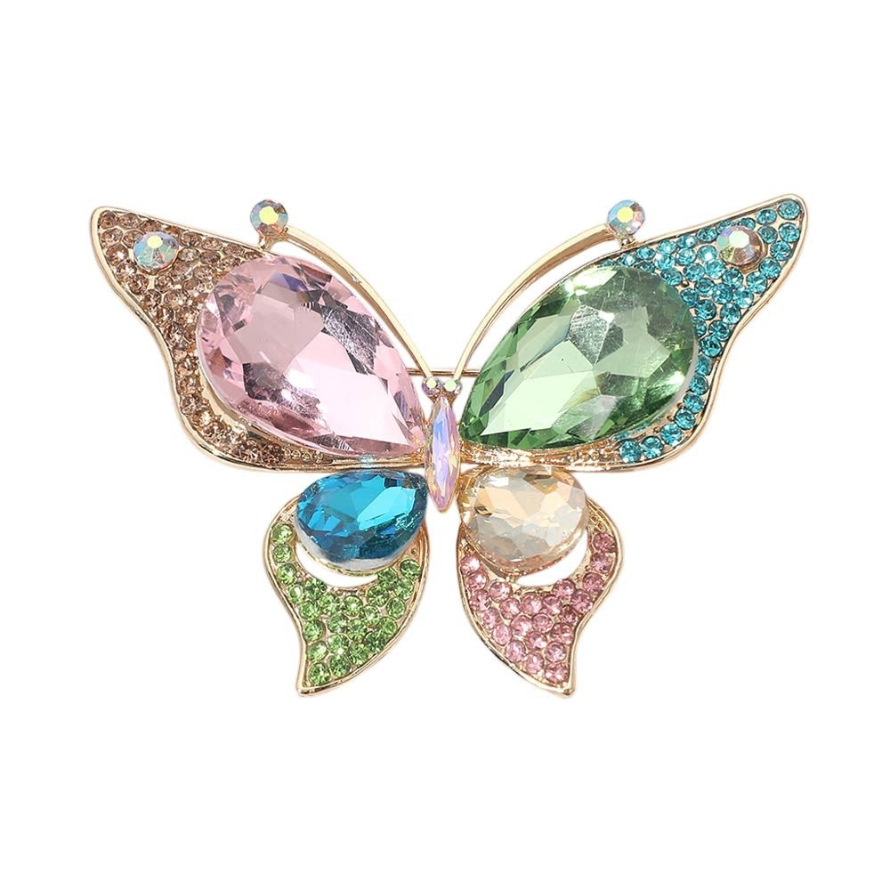 Gold Tone Multicolor Rhinestone Butterfly Brooch Crystal Wing Statement Pin 3.25