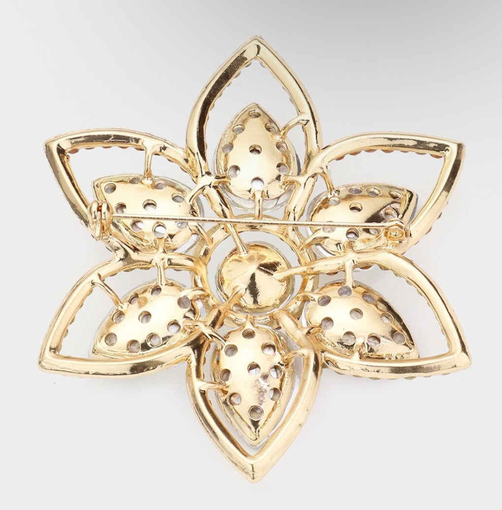 Pink Crystal Gold Flower Brooch Pin with Green Accents Fashion Jewelry