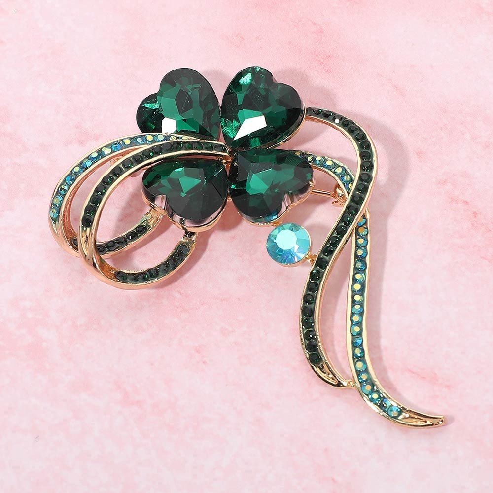 Green Crystal Heart Four Leaf Clover Brooch - Lucky Shamrock Gold Tone Pin