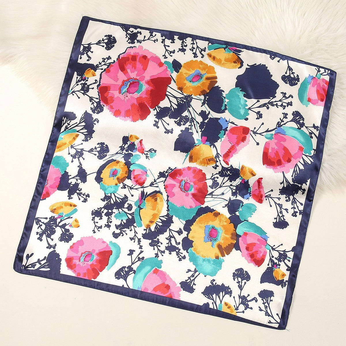 Satin Floral Print Square Scarf – Neckerchief Bandana Hair Tie Headband Handbag