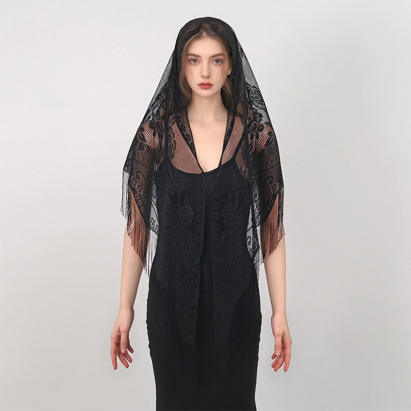 Black Floral Lace Triangle Scarf Tassel Fringe Sheer Embroidered Shawl Wrap