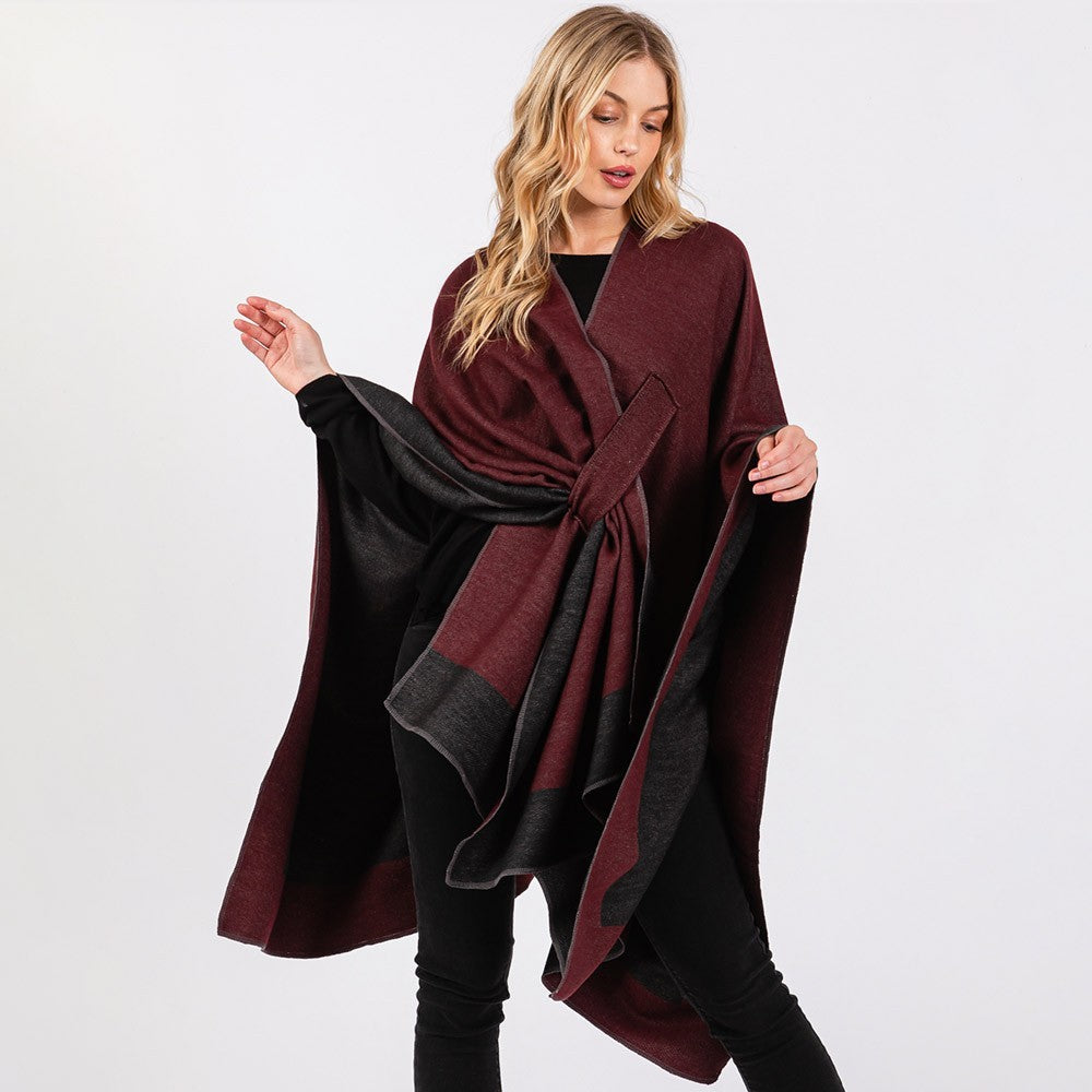Two Tone Ruana Poncho Shawl Women’s Pull Through Layered Cape Wrap Polyester