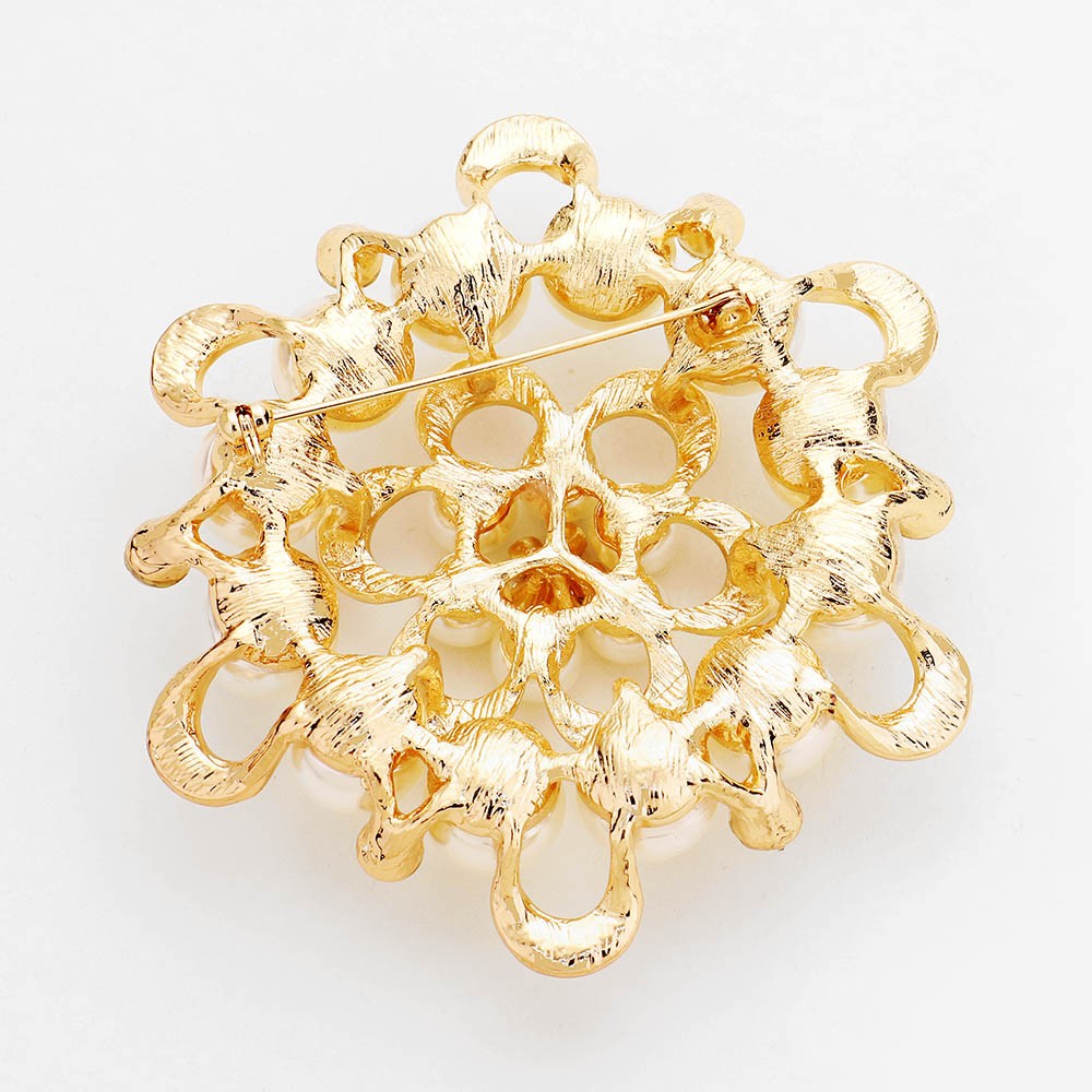 Gold Tone CZ Crystal Stone Paved Round Faux Pearl Flower Pin Brooch for Womens