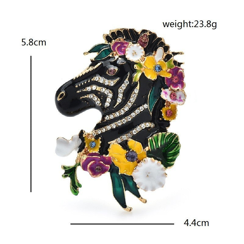 Sparkly Zebra Head Brooch Pin Enamel Rhinestone Floral Animal Gift