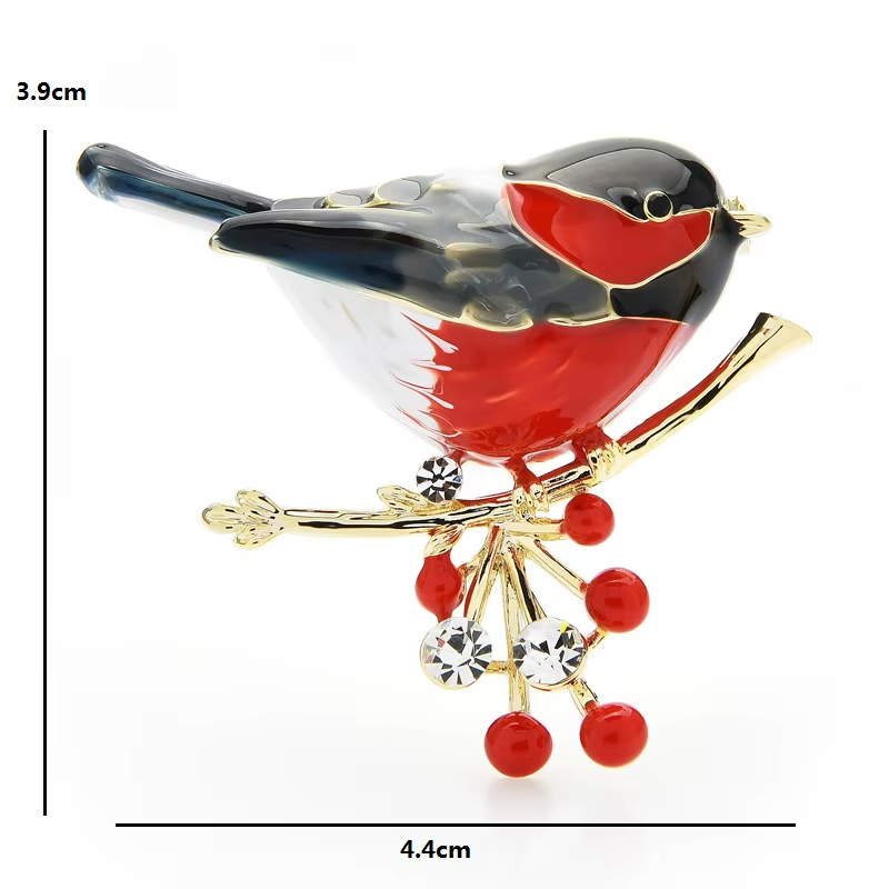 Vintage Style Bird Pins 2-in-1 Set Red Breast Winter Brooch Crystal Rhinestone