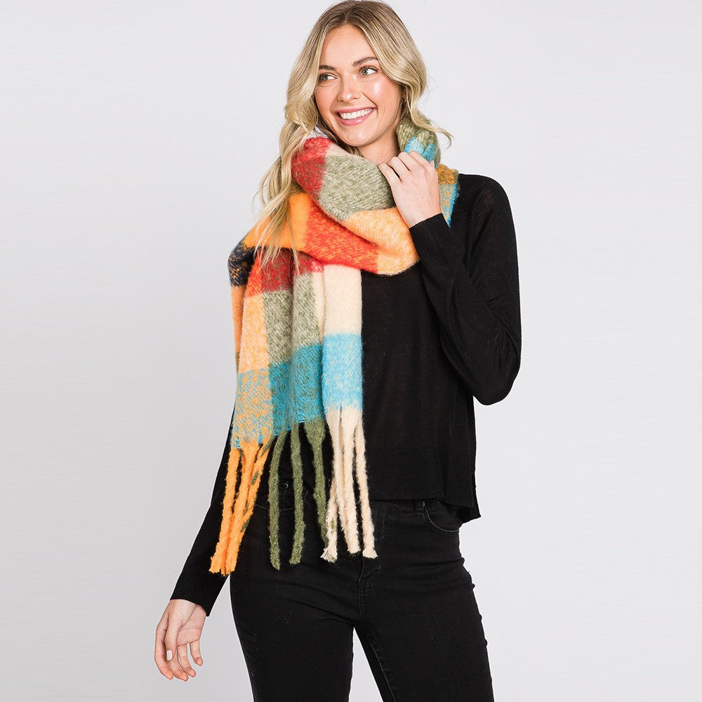 Multi Colored Plaid Check Pattern Fringe Oblong Scarf for Women Winter Wrap