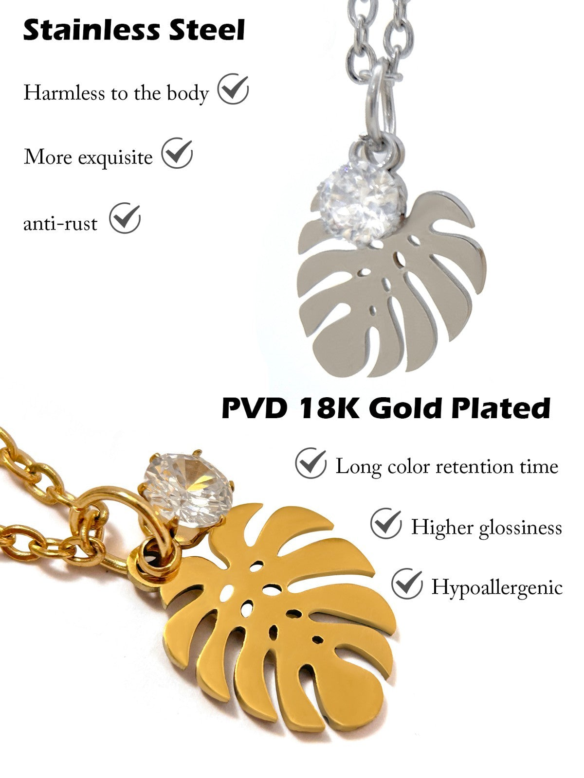 Dainty 18K Gold Plated Monstera Leaf Necklace Zirconia Stainless Steel New