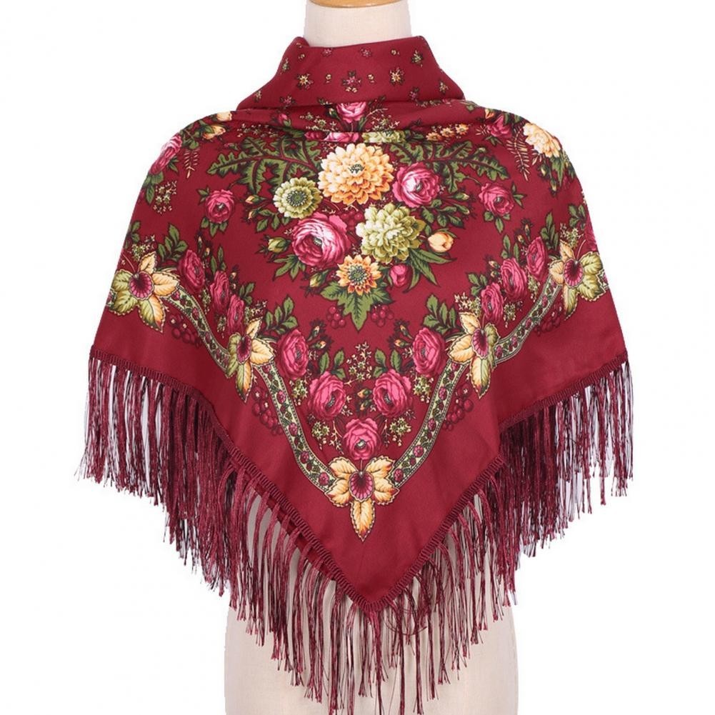Russian Floral Fringed Shawl Scarf Headscarf Pavlovo Posad Style Burgundy Wool B