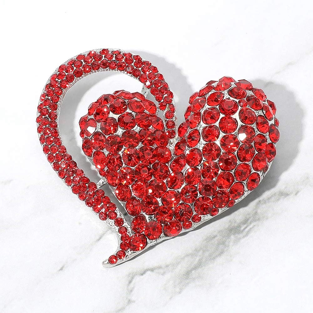 Red Heart Crystal Brooch Rhinestone Valentine Silver Tone Pin Romantic Jewelry