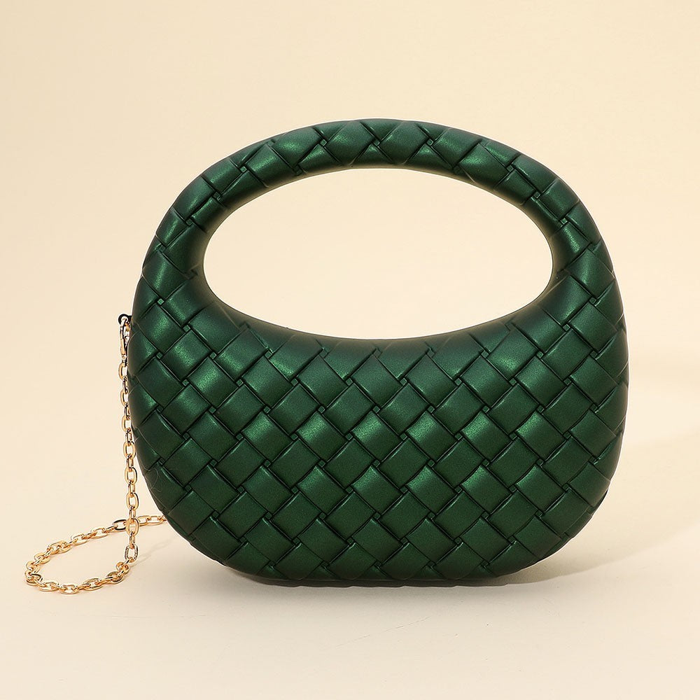 Green Faux Leather Woven Evening Clutch Bag Detachable Gold Chain Handbag