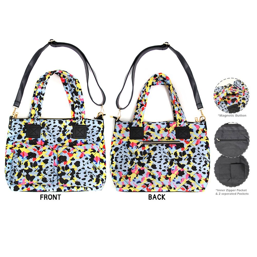 Womens Animal Print Puffer Leopard Pattern Tote Bag Multi with Detachable Strap