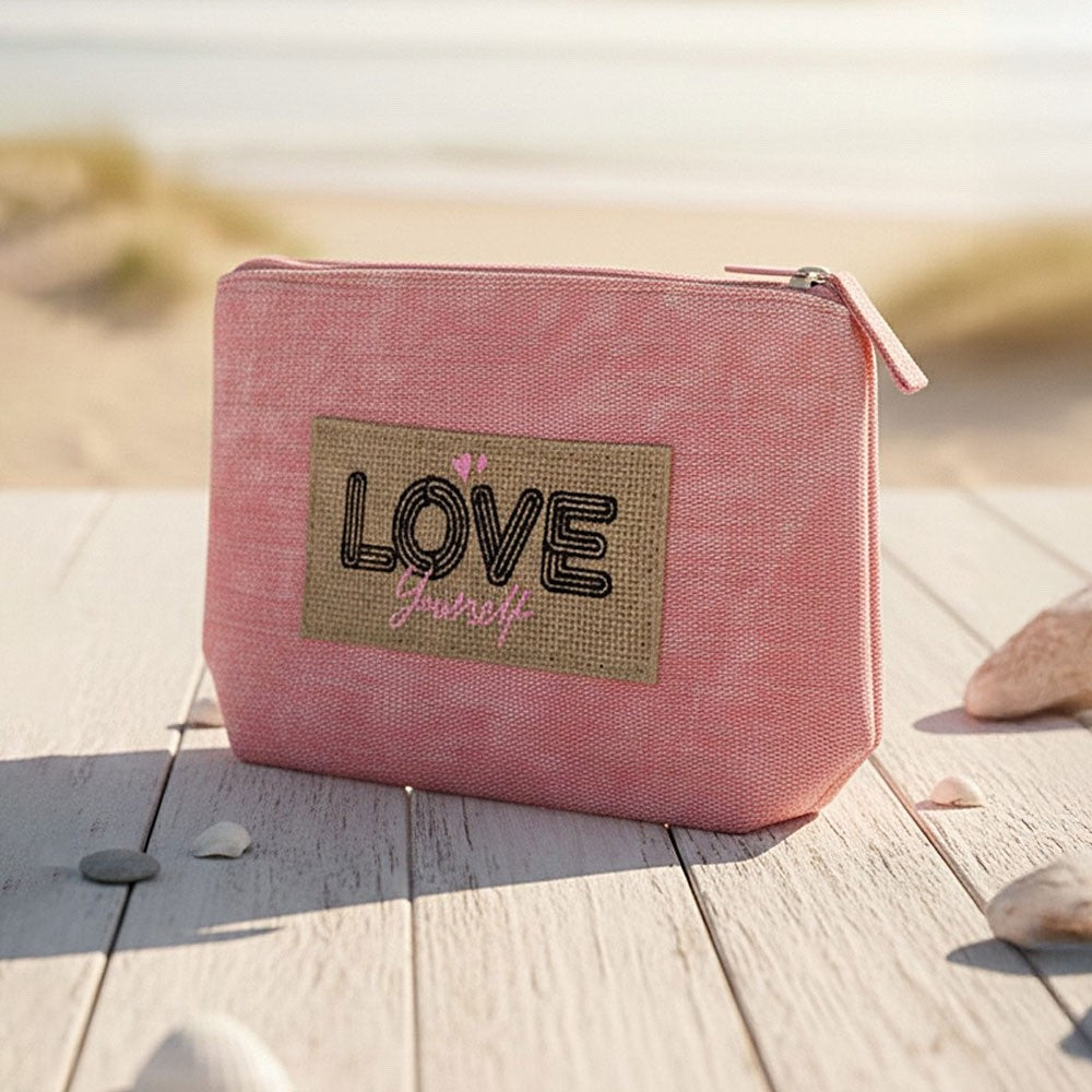 Love Yourself Pink Canvas Makeup Bag Burlap Patch Cosmetic Pouch 9.5x6x2.5 Inch