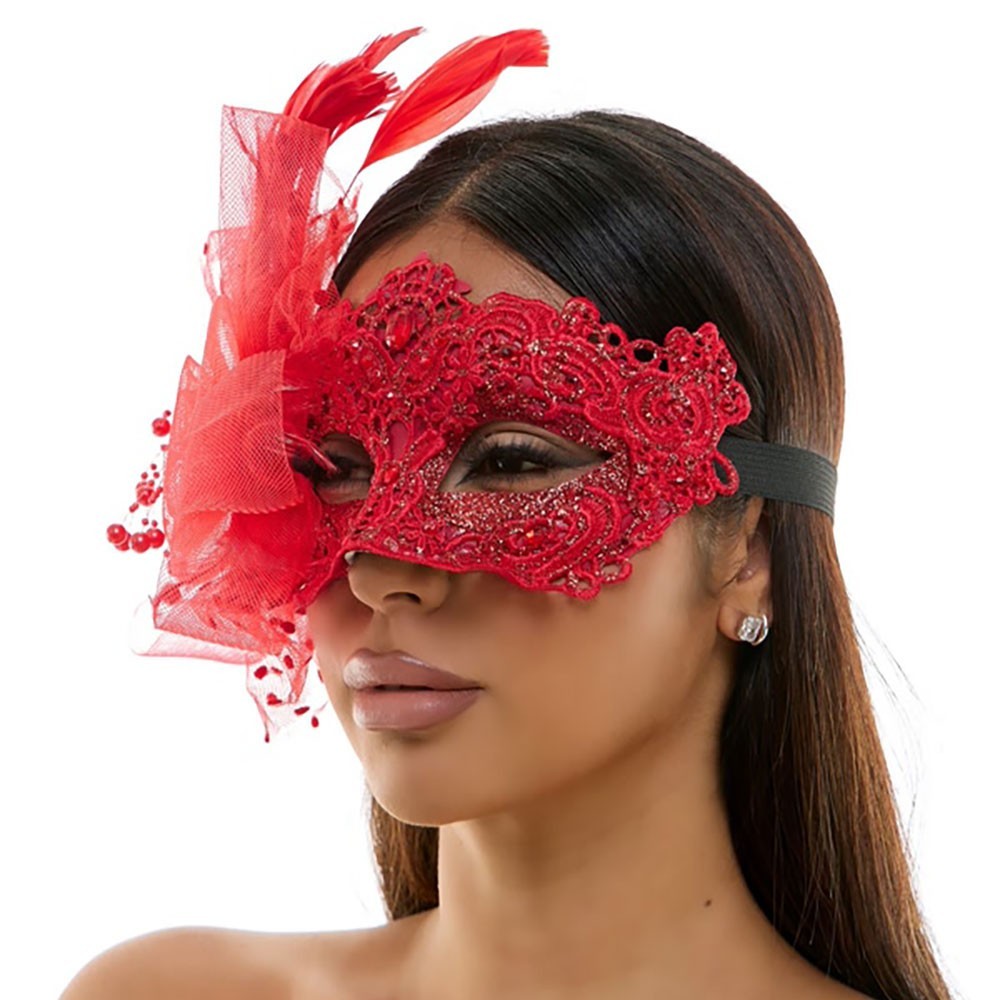 Stunning Red Lace Masquerade Mask - Feather & Beaded Venetian Style Eye Accessor