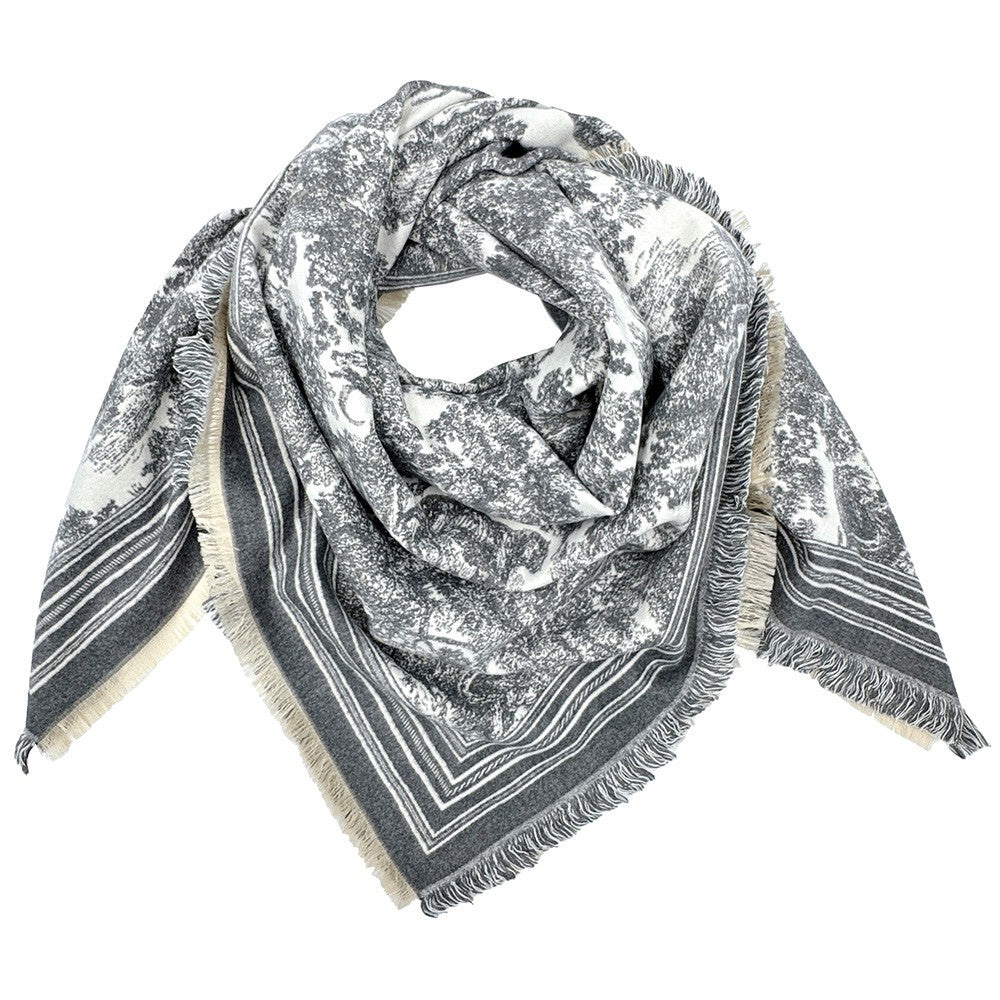 Womens Elegant Floral Stripe Pattern Printed Square Scarf With Fringe Edges Gray