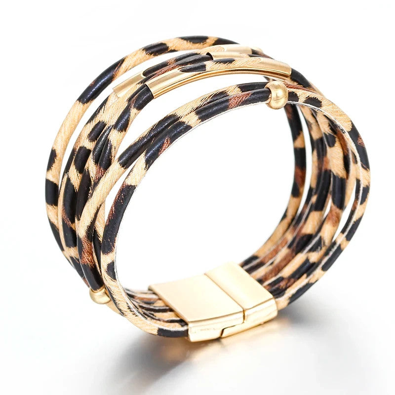 Boho Leopard Bracelet Duo | Multi-Strand Gold & Animal Print Cuff Bangle 2PC Set