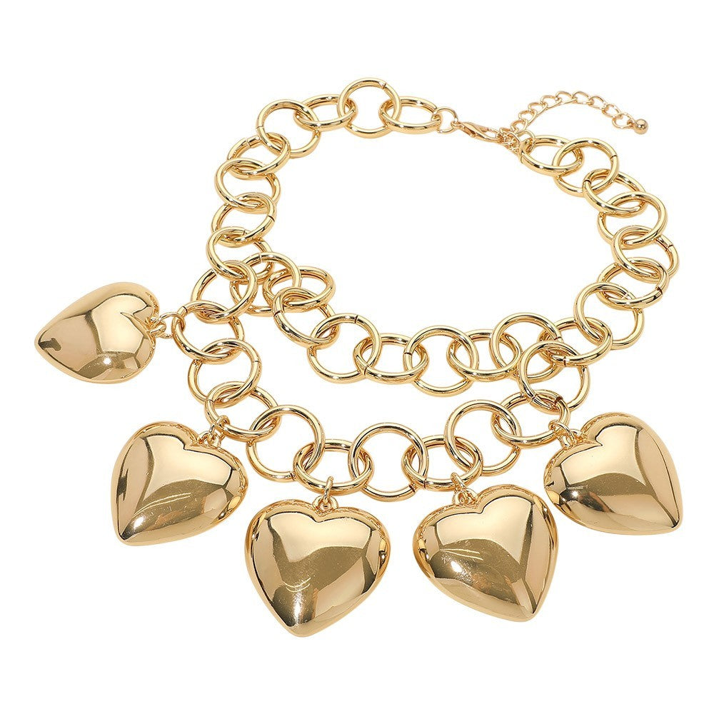 Gold Tone Bold Puffy Metal Heart Charm Station Linked Chain Statement Necklace