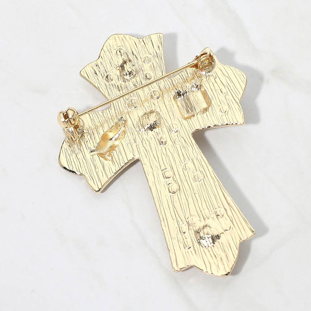 Religious Cross Brooch Pin White Enamel Pearl Rhinestone Christian Jewelry