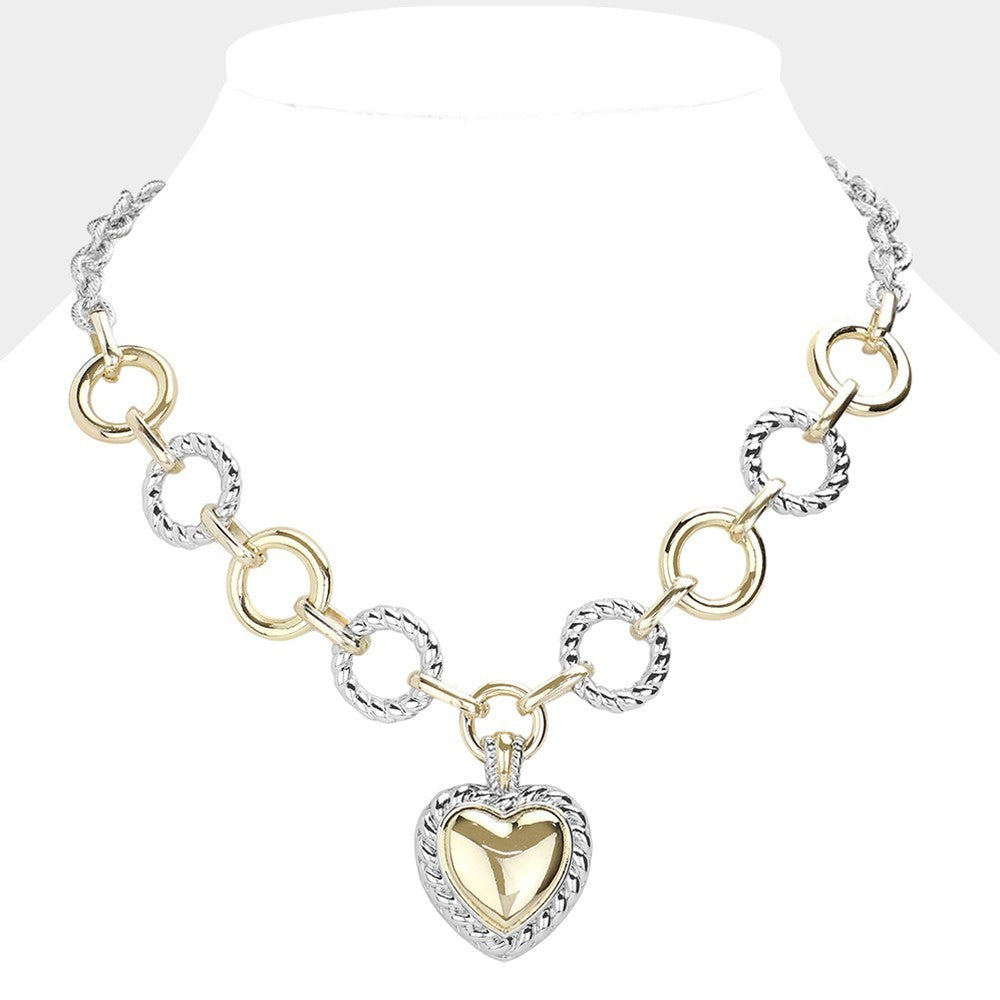 14K Gold Plated Two Tone Textured Heart Pendant Necklace for Women