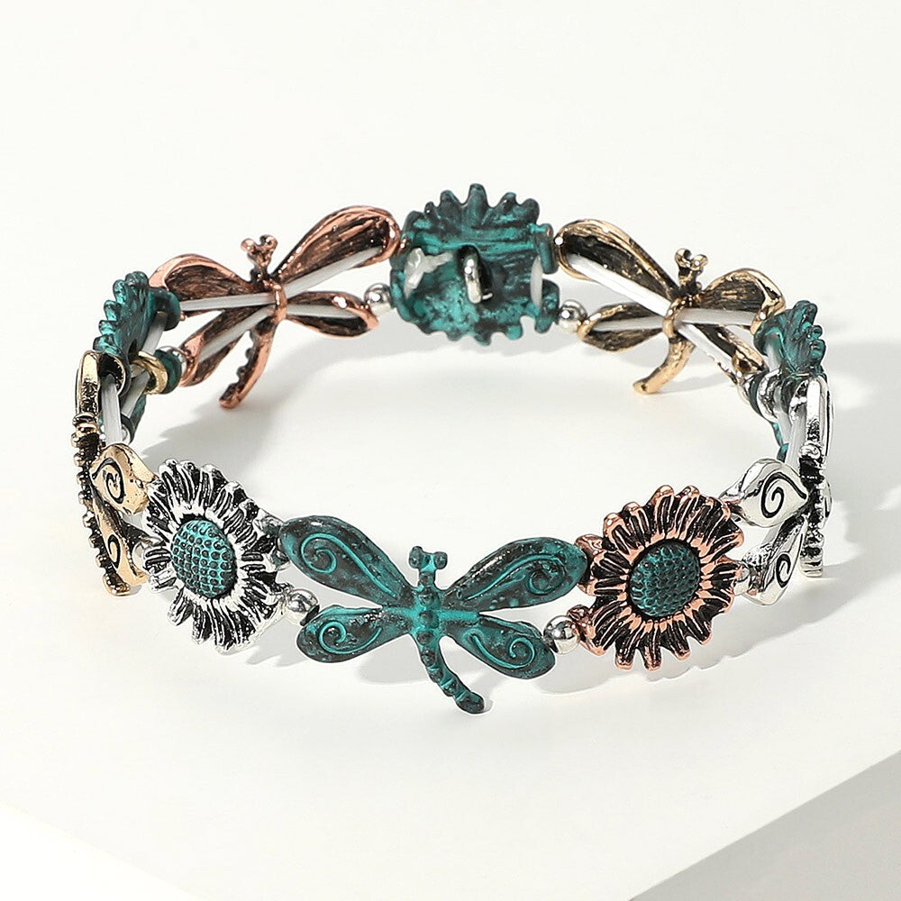 Metal Dragonfly and Sunflower Stretch Bracelet for Women Nature Inspired Jewelry