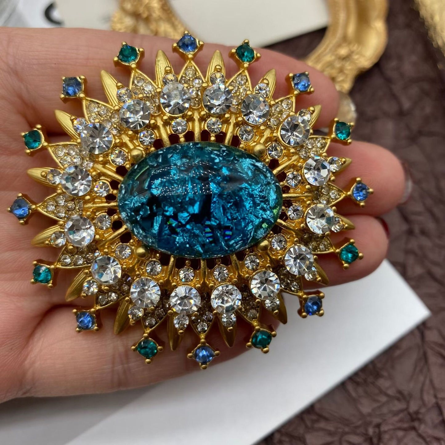 2pcs Vintage Sunburst Brooch Set Red Teal Foil Glass Rhinestone Gold Tone Pin