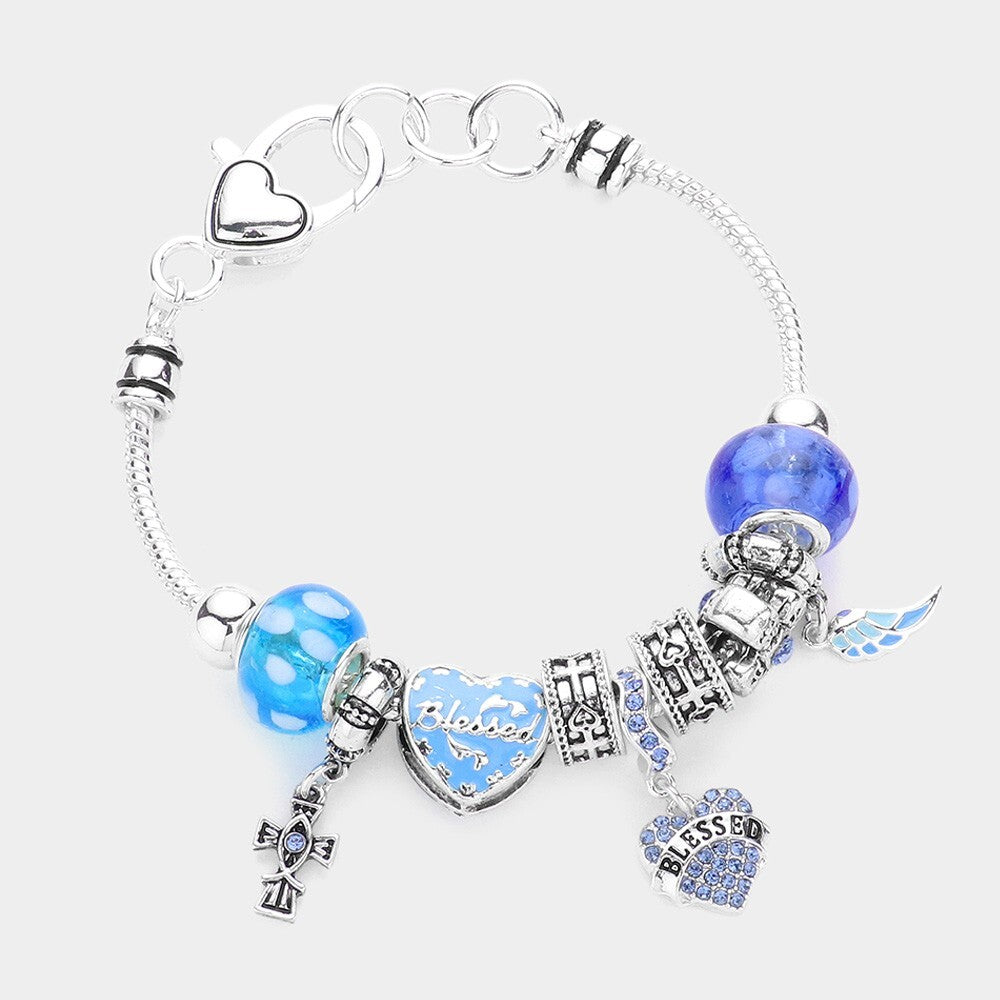 Blessed Inspirational Message Heart Wing Cross Charm Religious Bracelet Gift