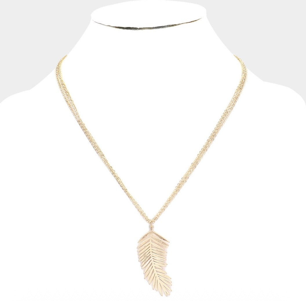 Boho Gold Palm Leaf Pendant Necklace - Tropical Fern Frond Layered Chain Jewelry