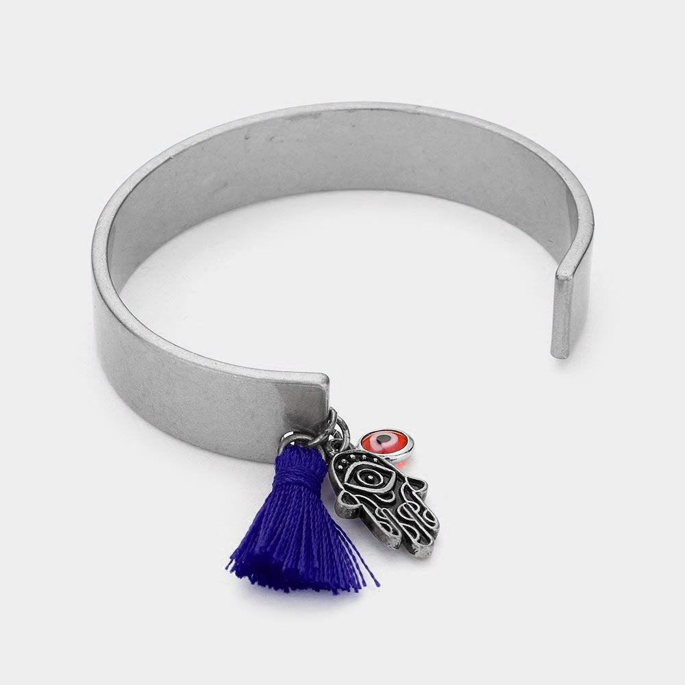 Silver Evil Not Welcome Hamsa Hand Evil Eye Tassel Cuff Bracelet
