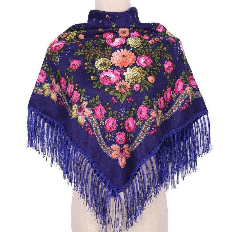 Floral Navy Shawl Head Scarf Russian Style Fringe 35 inches