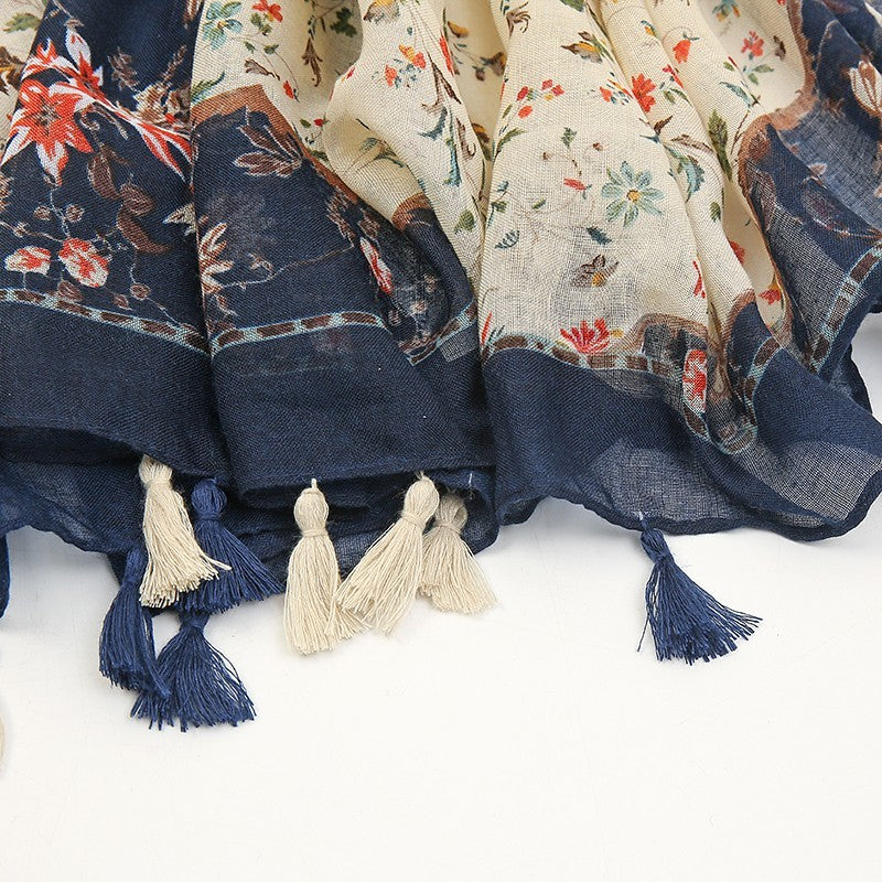 Boho Floral Print Tassel Shawl Scarf for Women Cotton Blend Wrap Navy Cream