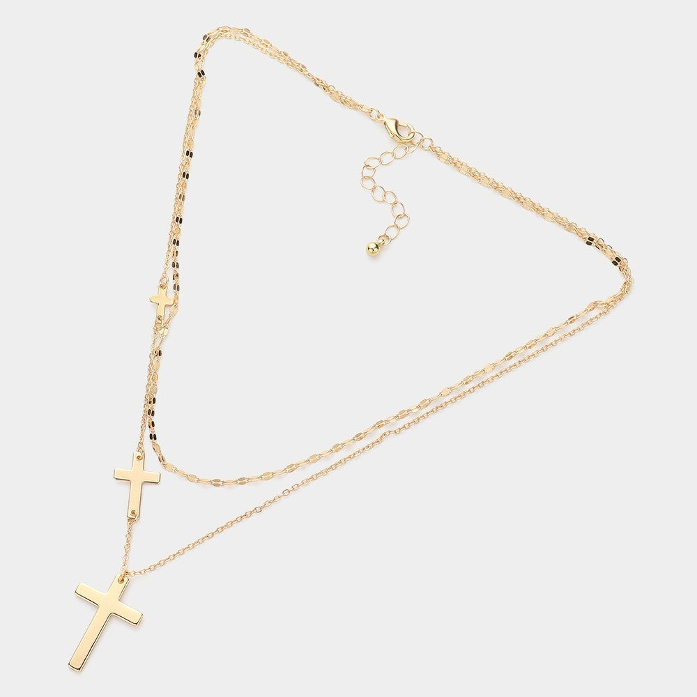 Gold Plated Layered Cross Pendant Necklace & Stud Earrings Set 16"+2"
