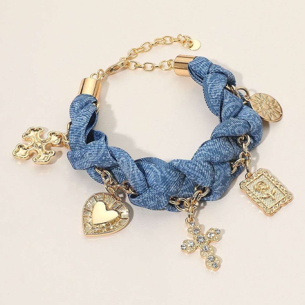 Cross Heart Flower Charm Denim Braided Statement Bracelet for Women Jewelry