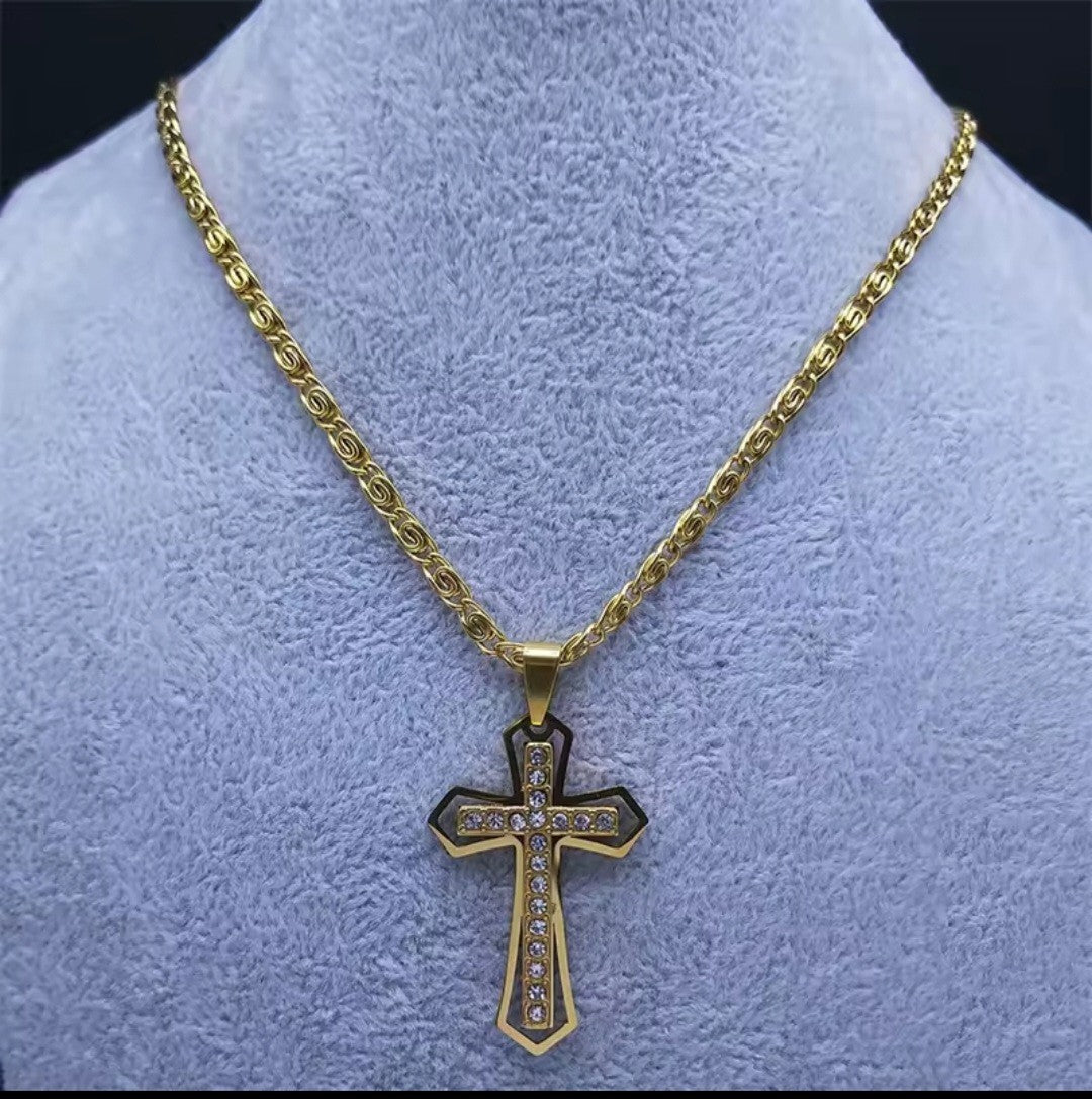 Men's Gold Stainless Steel Cross Necklace Byzantine Chain Rhinestone Pendant