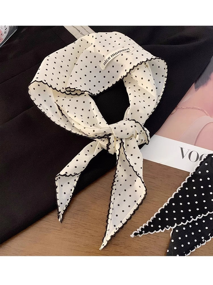 Chic Parisian Polka Dot Neckerchief Ruffled Trim Skinny Scarf for Women Fashion