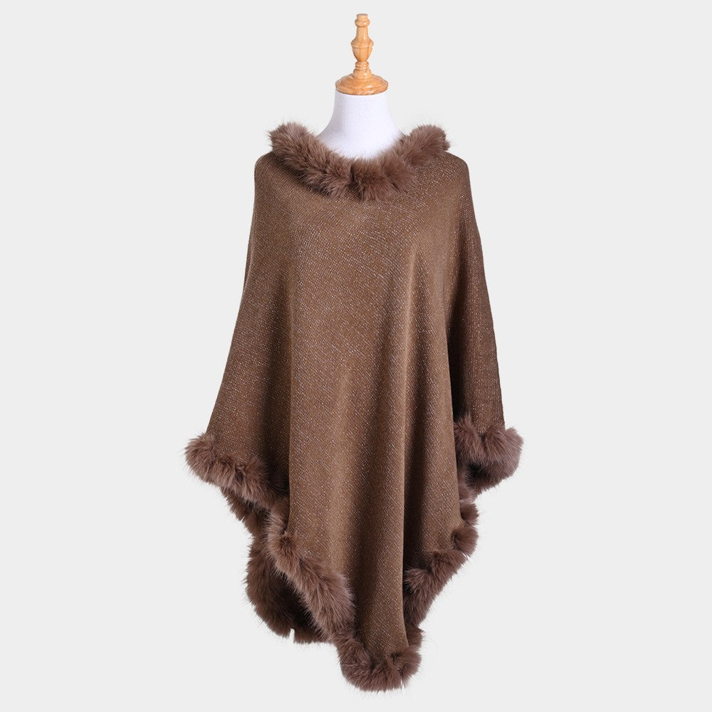 Women’s Faux Fur Trimmed Poncho Winter Coat Cape Solid Color Warm Outerwear