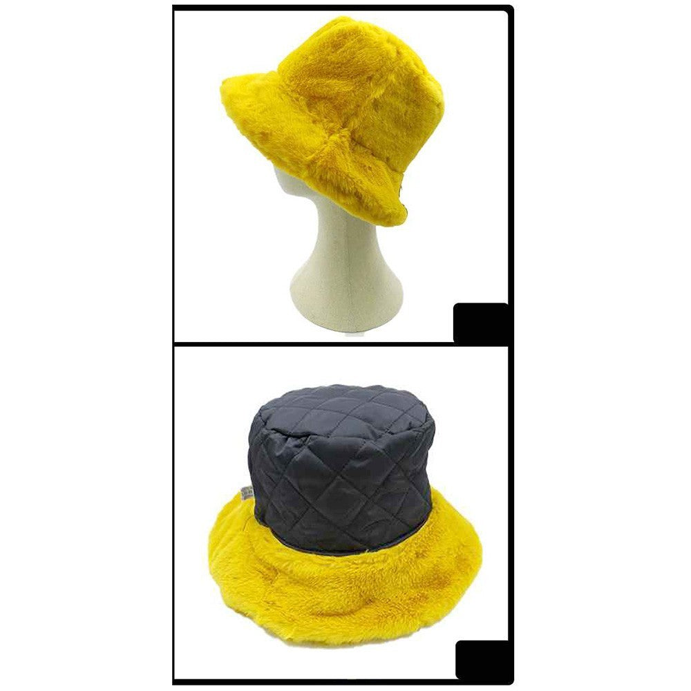2 Piece Womens Soft Faux Fur Bucket Hat OS Mustard Winter Headwear Moldable Brim