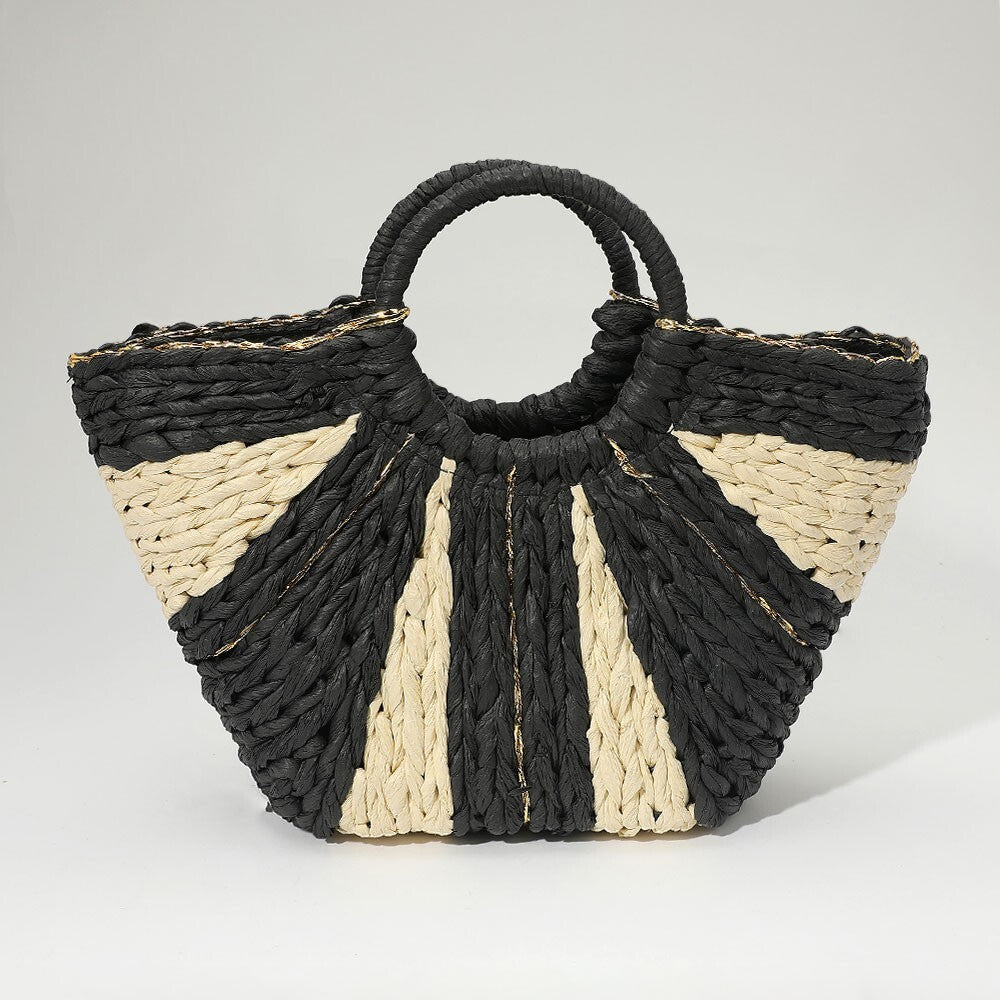 Black and Beige Woven Raffia Tote Bag for Women Round Handle Straw Handbag