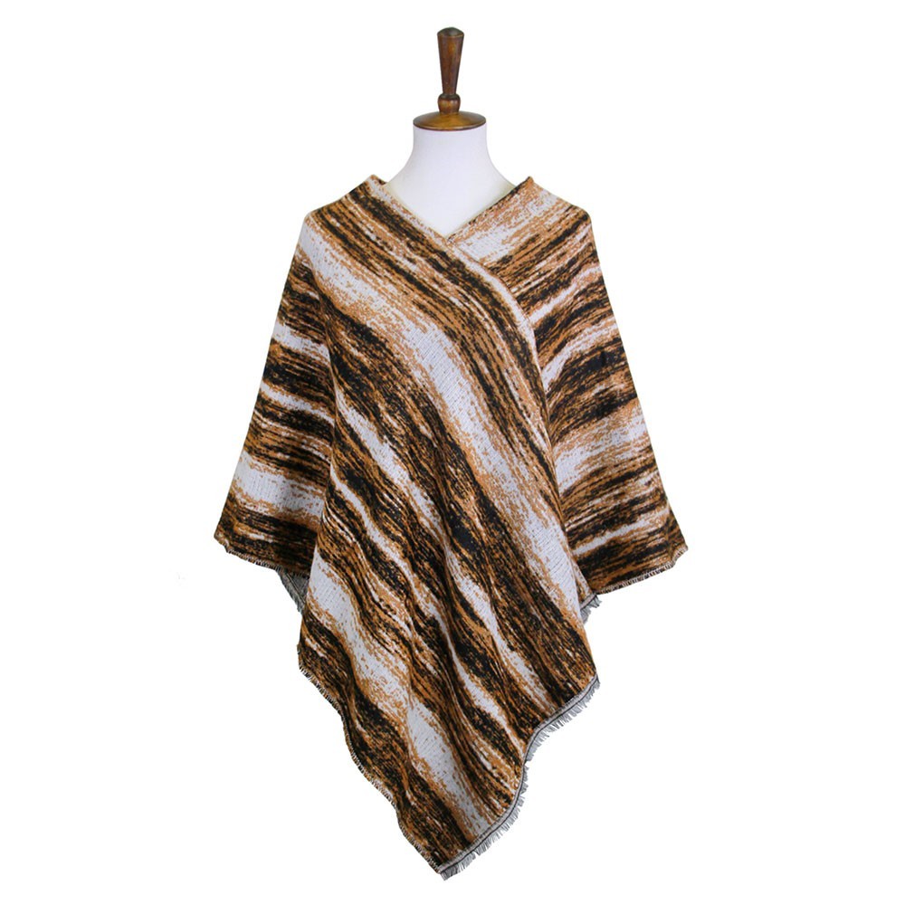 Women's Brown Black Abstract Stripe Knit Poncho Shawl Wrap Cape Fringed Hem