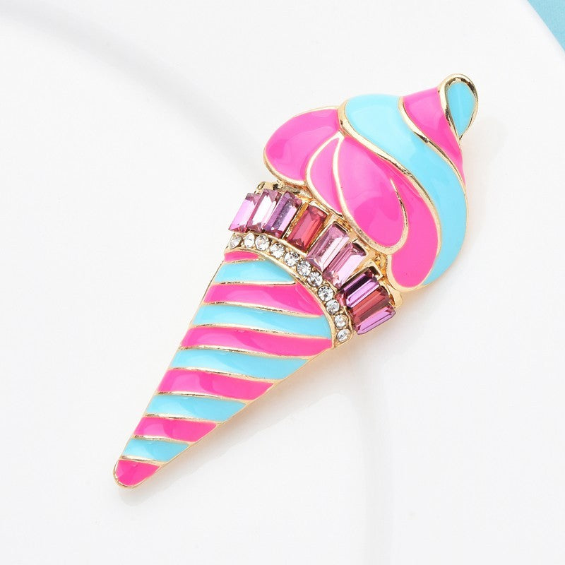 2pcs Ice Cream Cone Brooch Pin Pink Blue Enamel Crystal Rhinestone Set