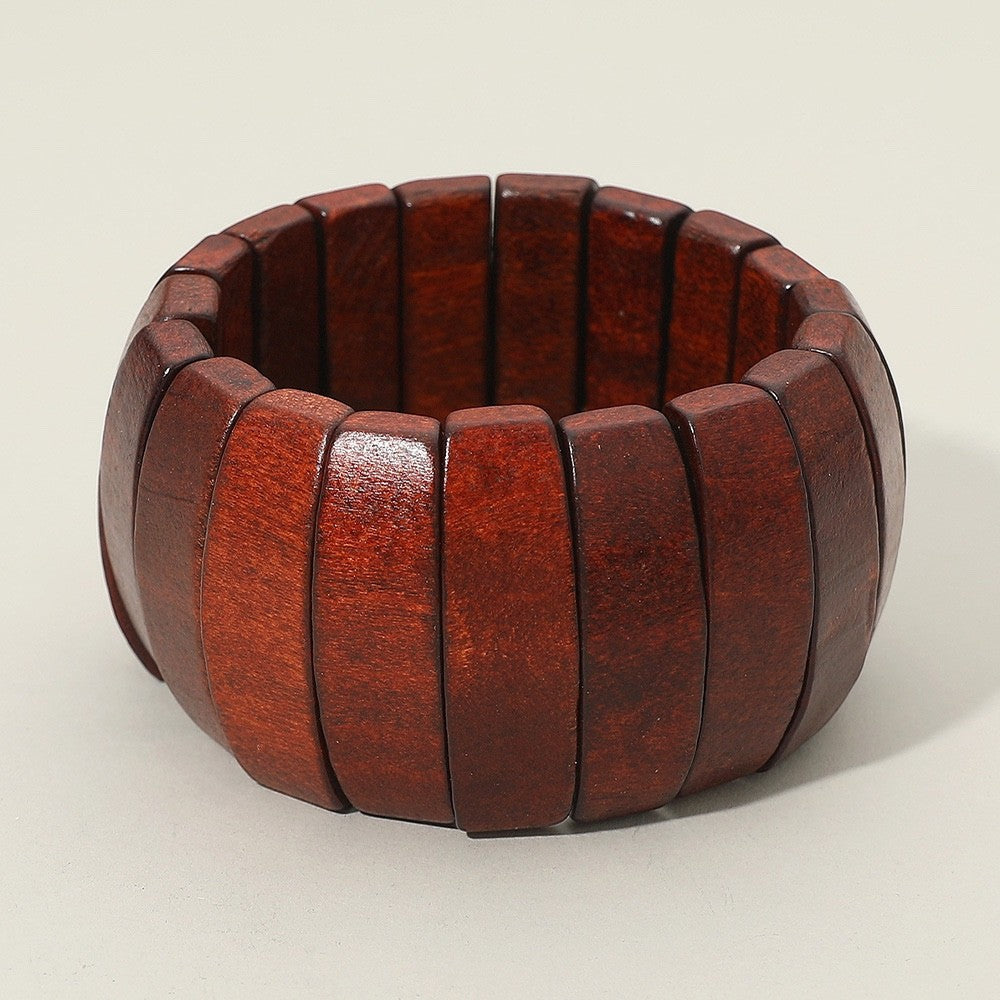 Mahogany Wood Stretch Bangle - Chunky Natural Timber Statement Bracelet for Wome