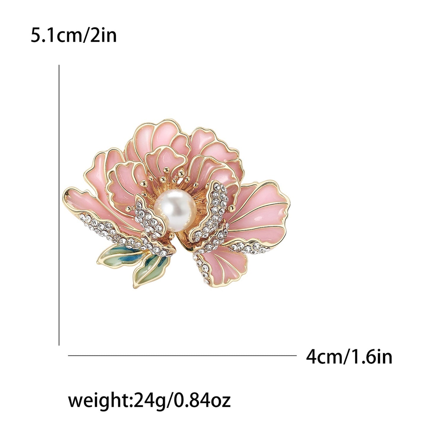 2pcs Enamel Flower Brooch Set Pink Turquoise Pearl Crystal Peony Floral Pin