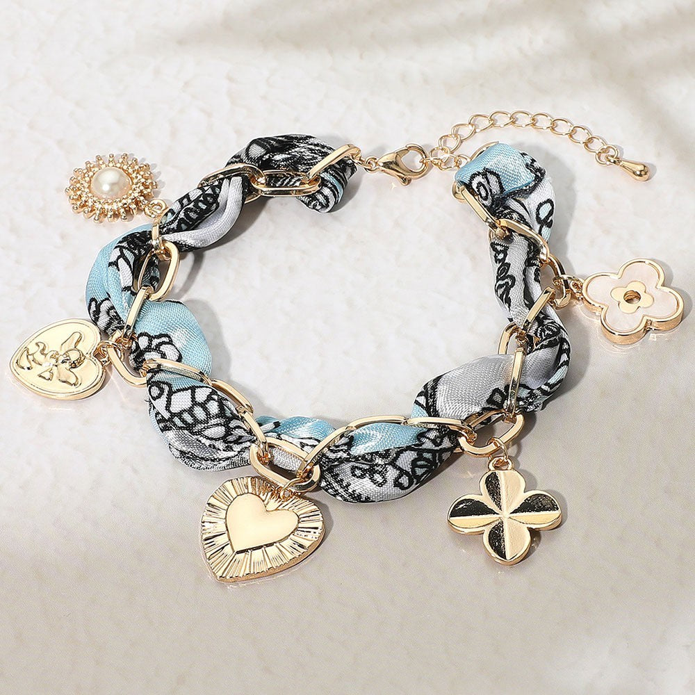Heart Quatrefoil Pearl Charm Scarf Fabric Chain Bracelet Women’s Fashion Jewelry